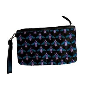 Nine West large black zipper pouch with iridescent blue & pink bees / bugs